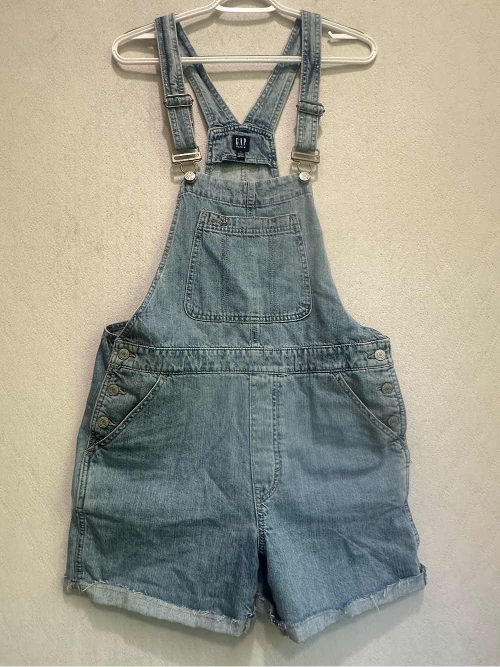 GAP Womens Blue Denim Jean Overall Shorts Sz M Casual Summer Staple Boho Jeans